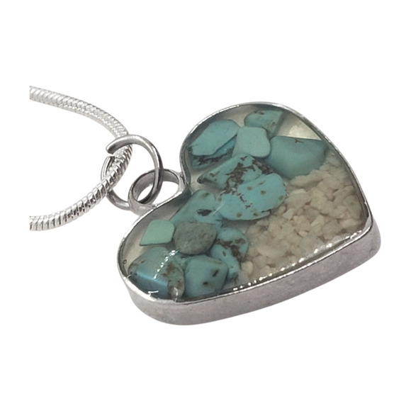 Heart Shaped Pendant Necklace Silver with Turquoise Chip & Beach Sand Inlay - Picture 4 of 14